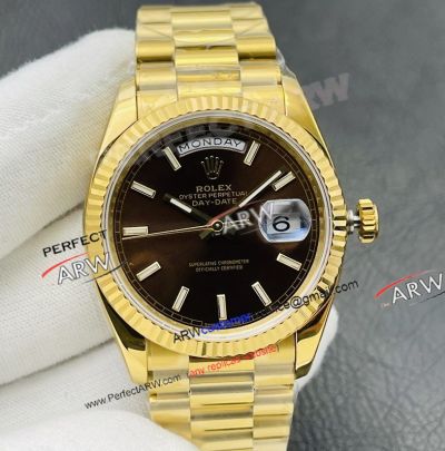 VR Factory Rolex Day Date 40 Brown Stick Face Yellow Gold 2836 Super Clone Watch